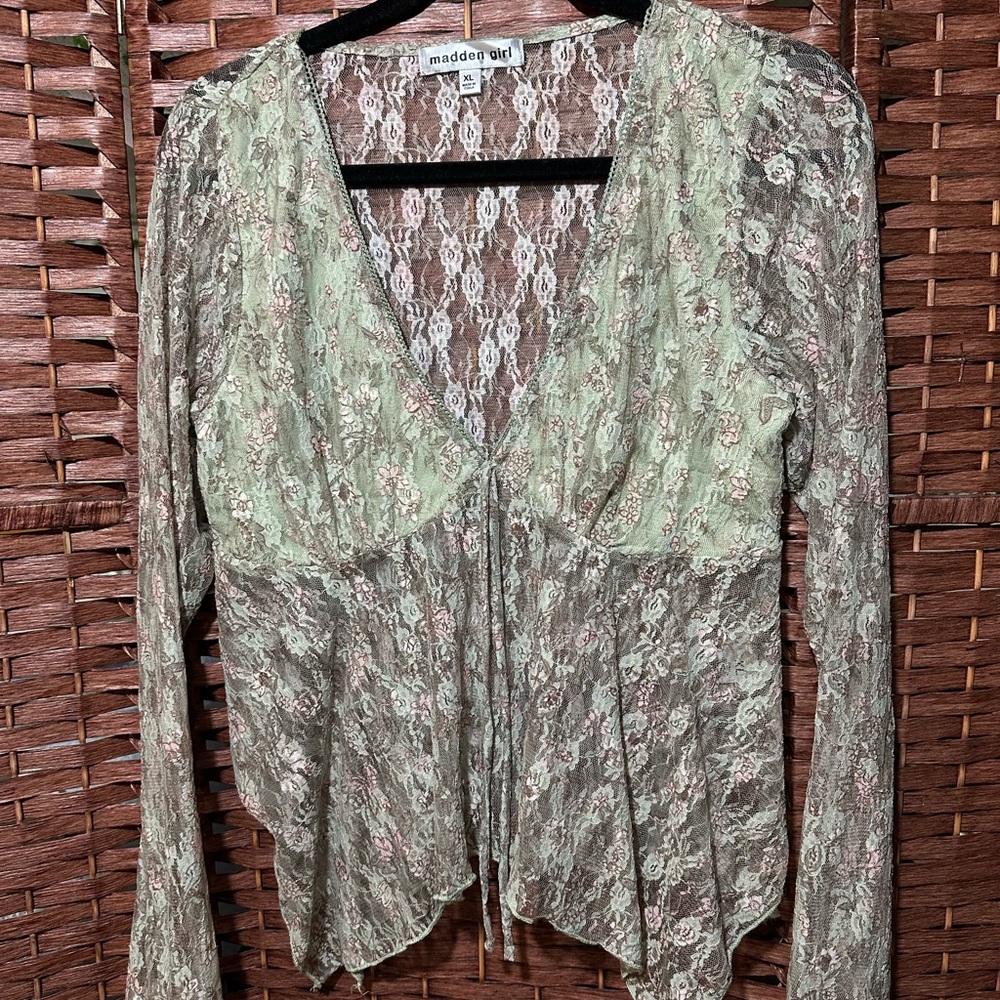 madden girl Sage Green Lace Tie-Front Women's Floral Sheer Long Sleeve Blouse